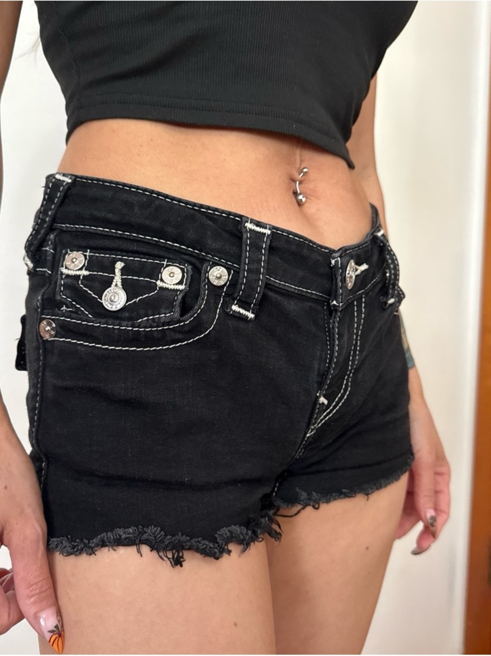 True Religion Black Distressed Frayed Hem Denim Shorts